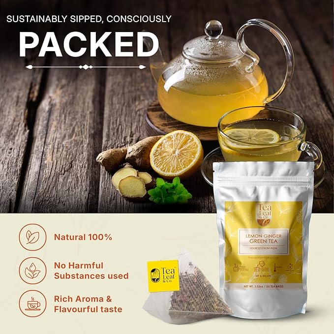 Lemon Ginger Green Tea Bags (50 Count), Green Tea with Orange Peel, Black Pepper & Mint Extract, Caffeinated, Real and Natural Green Tea, Blended with Fresh Herbs and Spices, Gluten Free - Bloomnest