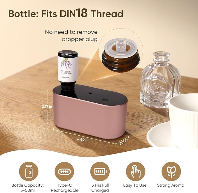 Waterless Diffuser for Home Essential Oil Diffuser, Aromatherapy Diffuser, Portable Scent Diffusers, 3 Mist Modes, Cycle Start for Bedroom, Office Studio 350-700 sq. ft Rose Gold - Bloomnest
