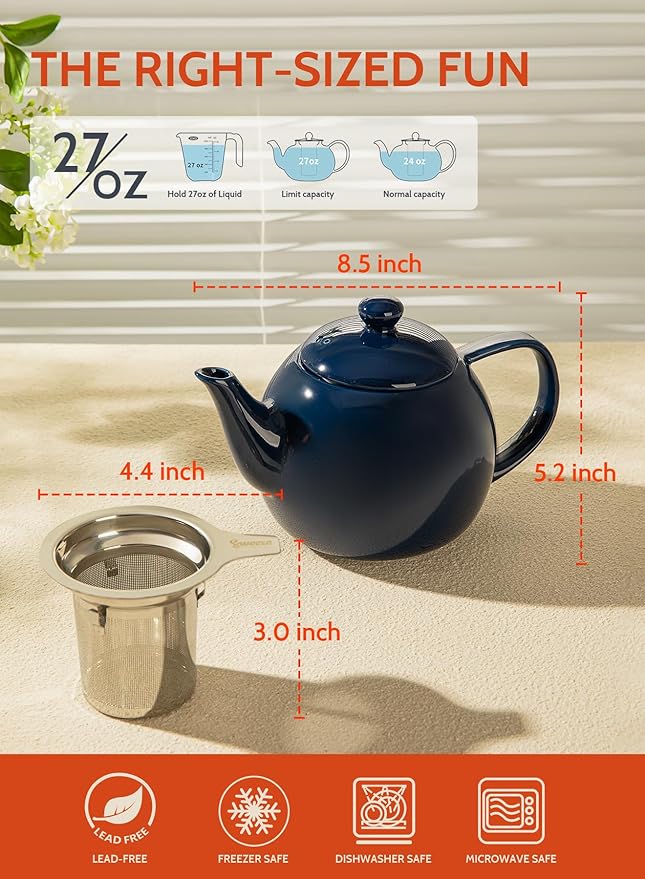 Sweese Teapot, Porcelain Tea Pot with Stainless Steel Infuser, Blooming & Loose Leaf Teapot - 27ounce, Navy - Bloomnest