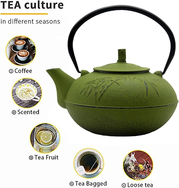 84.6oz/2500ml Large and Heavy Cast Iron Tea Kettle for 5 to 8 Cups, Teapot with Stainless Steel Infuser, Cast Iron Tea Pot for Stovetop Safe (2500ml Green Teapot with Bamboo Pattern) - Bloomnest