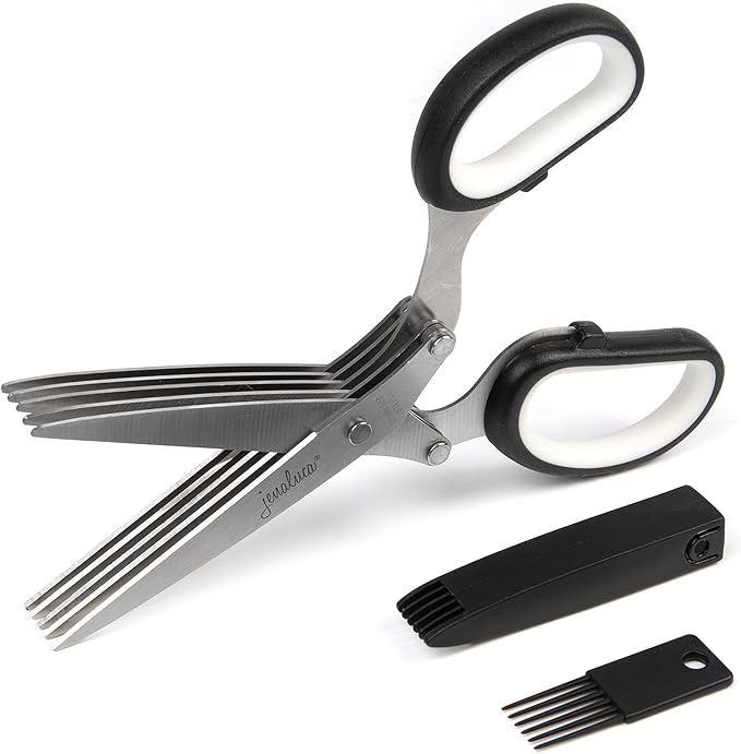 Jenaluca 5 Blade Herb Scissors - Salad Scissors - Cut & Chop Fresh Herbs & Leafy Greens - Stainless Steel Kitchen Shear Set with Cleaning Comb & Safety Cover - Kitchen Gadget - Black - Bloomnest