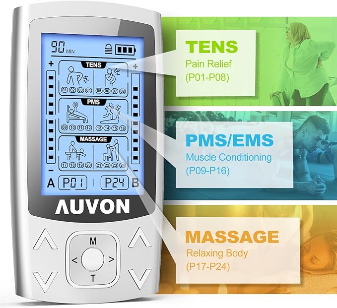 AUVON Dual Channel TENS EMS Unit 24 Modes Muscle Stimulator for Pain Relief, Rechargeable TENS Machine Massager with 12 Pads, ABS Pads Holder, USB Cable and Dust-Proof Storage Bag AUVON