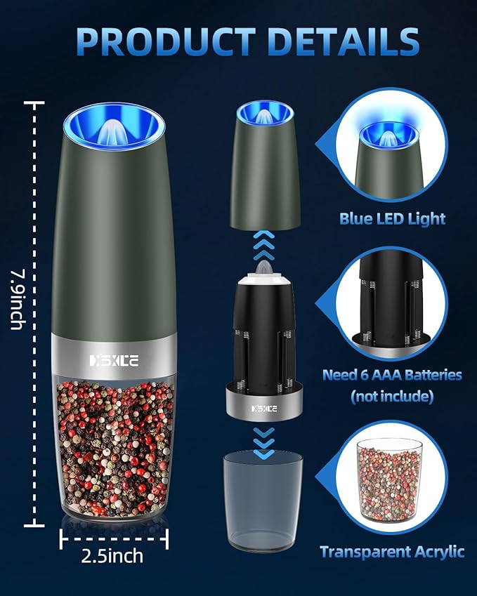 XinXu Gravity Electric Pepper and Salt Grinder Set, Adjustable Coarseness, Battery Powered with LED Light, One Hand Automatic Operation, Dark Green - 2 Pack - Bloomnest
