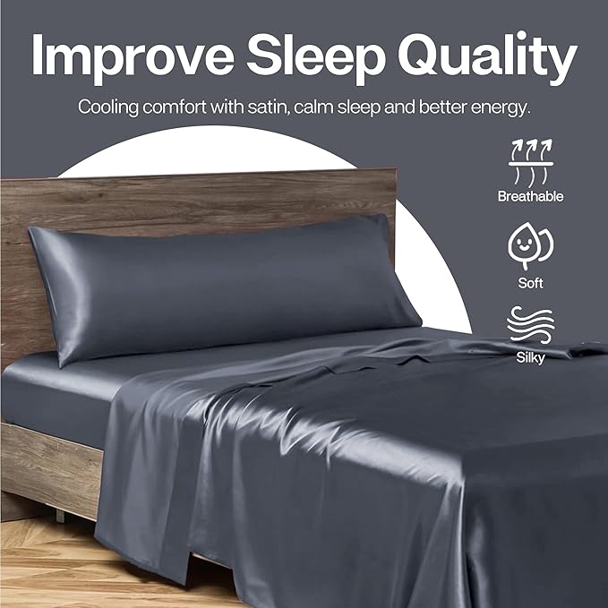 MR&HM Satin Body Pillow Cover, Soft and Breathable Body Pillow Case with Envelope Closure, Cooling and Silky Long Pillowcase for Hair and Skin,Grey (20x54, Space Grey) - Bloomnest
