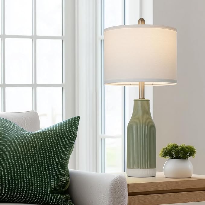24.5" Ceramic Table Lamps Set of 2, Modern Farmhouse Bedside Lamps for Bedroom Nightstand, Small Light Green Lamp for Living Room End Table (2 LED Bulbs Included) - Bloomnest