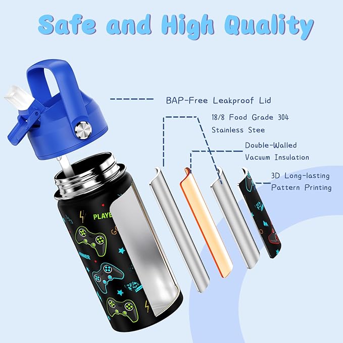 14oz Kids Insulated Water Bottle with Straw Lid - 18/8 Stainless Steel Kid Cup Travel Tumbler Double Wall Vacuum Leak Proof Portable Toddler Water Bottle (Game Blue+Red） - Bloomnest