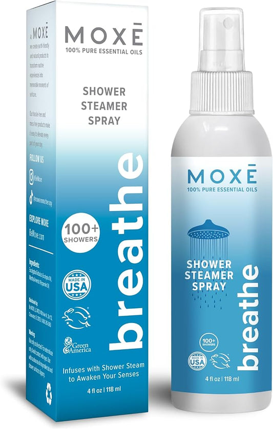 MOXE Breathe Shower Mist, Eucalyptus and Peppermint, Spa Steam Spray, Certified Natural 100% Essential Oils, Made in USA, Aromatherapy, Sinus Congestion Relief, Tension Relief, 4 Ounces (1 Pack) - Bloomnest