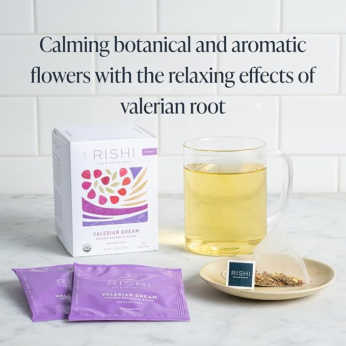Rishi Tea Valerian Dream Herbal Tea - Organic Sachet Bags, Caffeine Free, Calming Botanical Blend with Valerian Root - 15 Count (Pack of 6) - Bloomnest