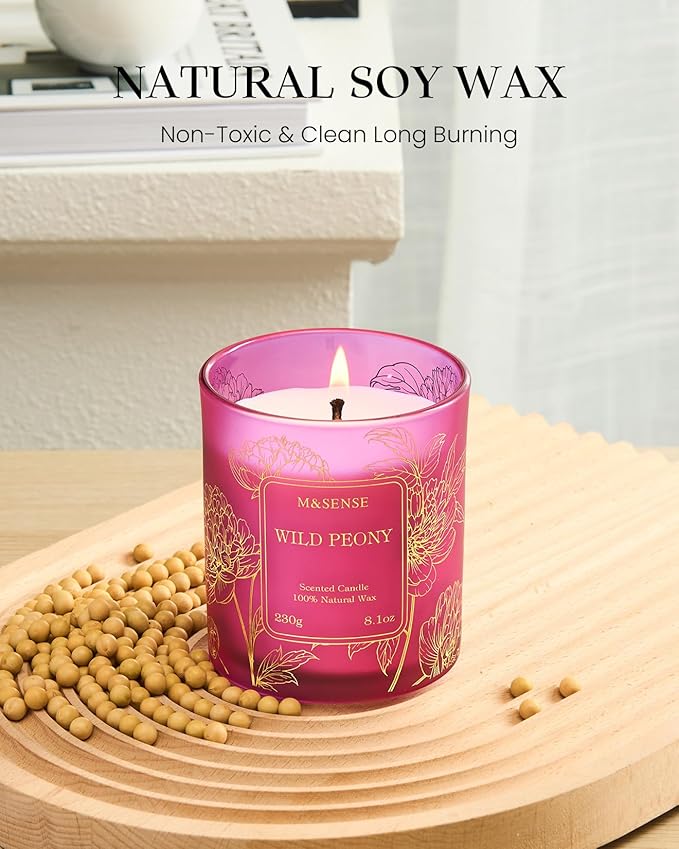 M&SENSE Floral Scented Soy Candles, Wild Peony Subtle Scented Vegan Soy Candle, 8.1oz 42-Hour Long Last Burning Time, No Toxin Bathtub Thanksgiving Christmas Date Night Romance Home Fragrance for Her - Bloomnest