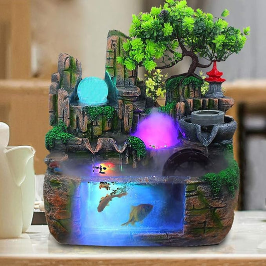 DNYSYSJ Tabletop Waterfall Fountain with Rockery, Mini Silent Indoor Ornament Desk Water Fountain Desktop Simulation Resin with Atomizer LED Small Fish Tank for Office Bedroom Home Decor Windmill - Bloomnest