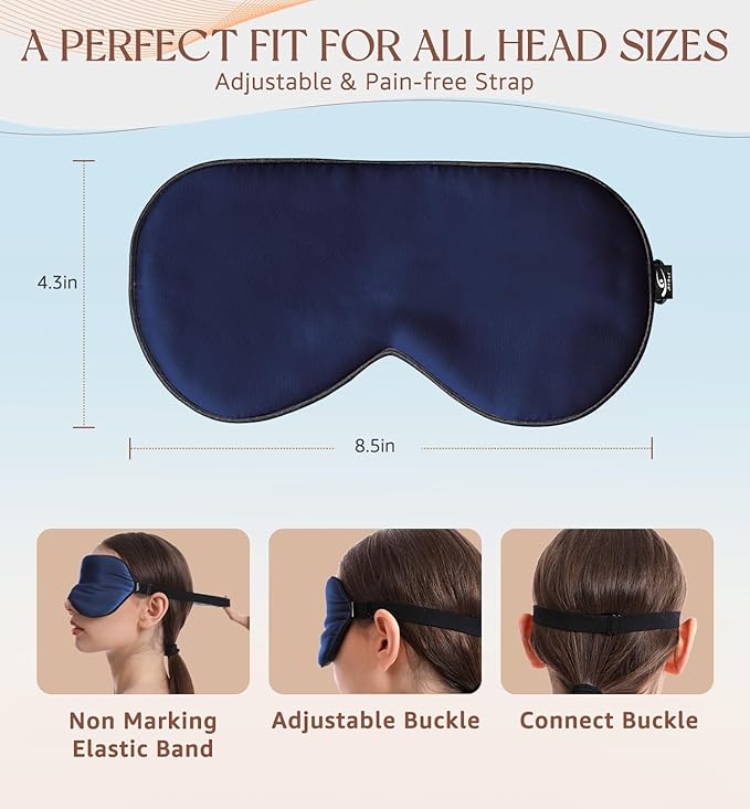 HiRui Silk Sleep Mask, 100% Natural Mulberry Silk of Double-Sided & Inner-Filling, Ultra-Smooth Soft, Adjustable Strap, Blocks Light for Night Sleeping, Travel, Office Naps (Navy Blue) - Bloomnest