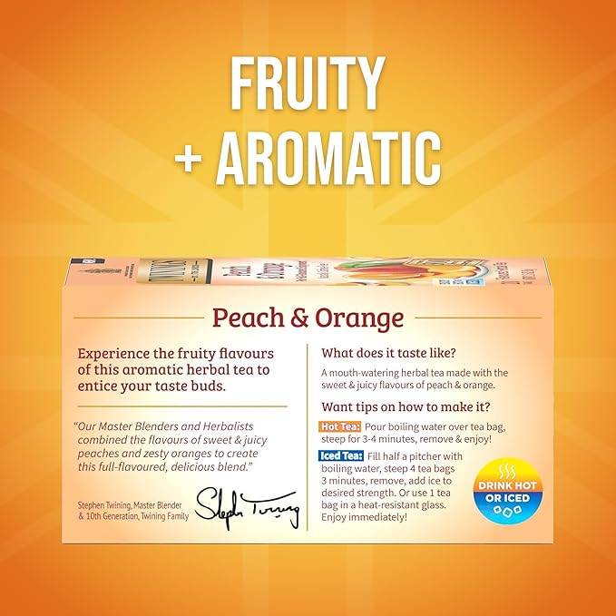 Twinings Peach & Orange Herbal Tea Individually Wrapped Bags, 20 Count (Pack of 6), Juicy & Fruity, Naturally Caffeine-Free, Enjoy Hot or Iced, 120 Teabags - Bloomnest