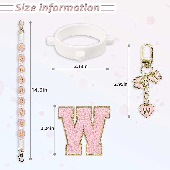 Compatible with Owala Water Bottle Accessories, Cute Letter Charm Set with Boho Handle Strap, Monogram Sticker, Silicone Ring, Keychain Decoration, for FreeSip 24 32 40oz, Owala Kids, Tumbler Gift SITKOL