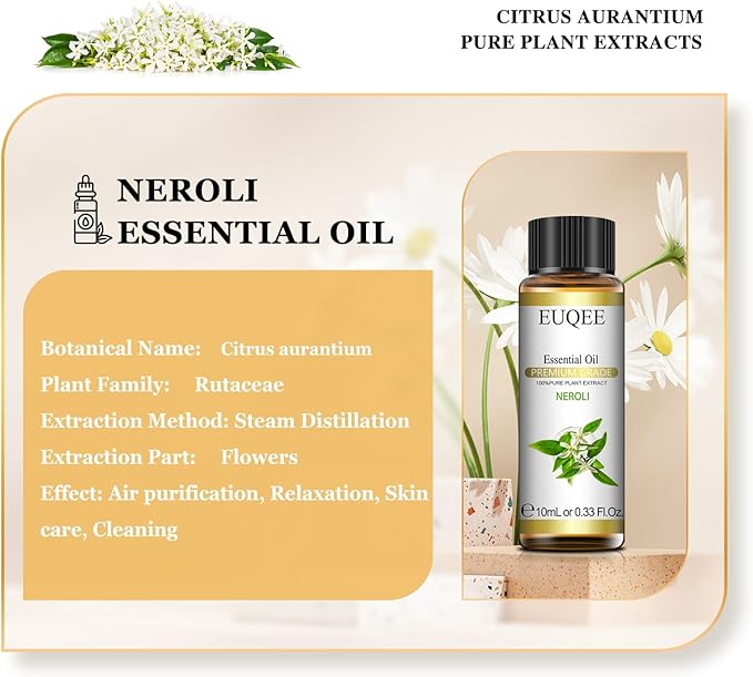 EUQEE Neroli Essential Oil 10 ml Pure Essential Oil with Glass Dropper for Diffusers, Aromatherapy, Candle & Soap Making - 0.33 Fl oz EUQEE