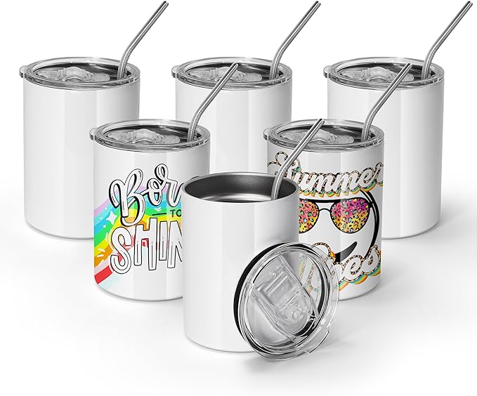 AGH 12 oz Sublimation Tumblers, 6 Pack Straight Tumbler with Lid and Straw, White Flat Cups - Bloomnest