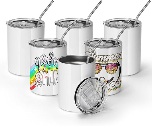 AGH 12 oz Sublimation Tumblers, 6 Pack Straight Tumbler with Lid and Straw, White Flat Cups - Bloomnest