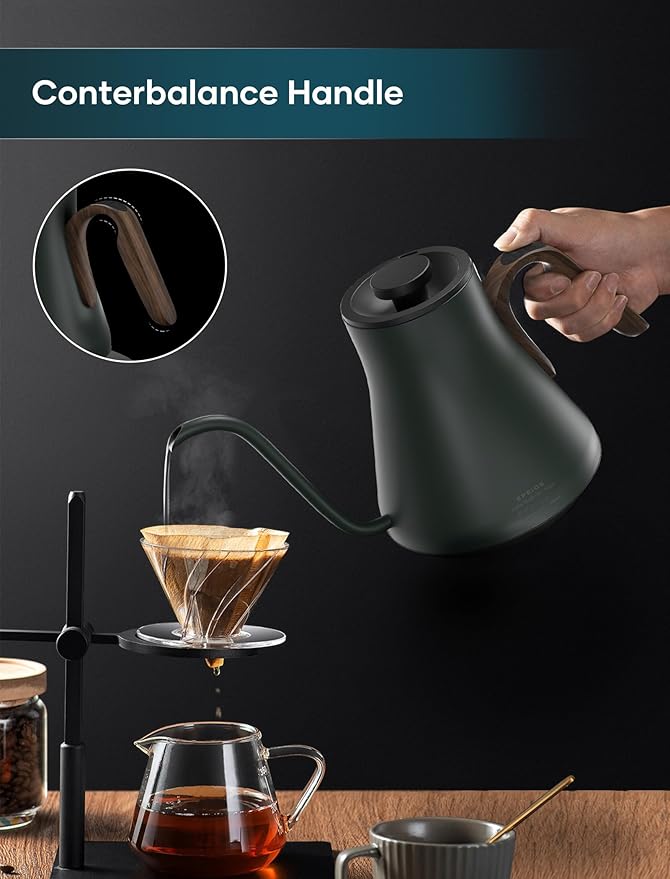 Gooseneck Electric Kettle with ±1℉ Temperature Control for Pour Over Coffee & Tea, Quick Heating, BPA-Free Stainless Steel, Built-in Brew Timer, 1500W/0.9L (Onyx Black) - Bloomnest