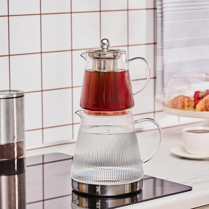 Karaca Keops XL Borosilicate Glass Teapot with Infuser and Lid for Stovetop, Transparent Silver, 1L Tea Pot & 2L Tea Kettle Set for Loose Leaf & Herbal, Dishwasher Safe - Bloomnest