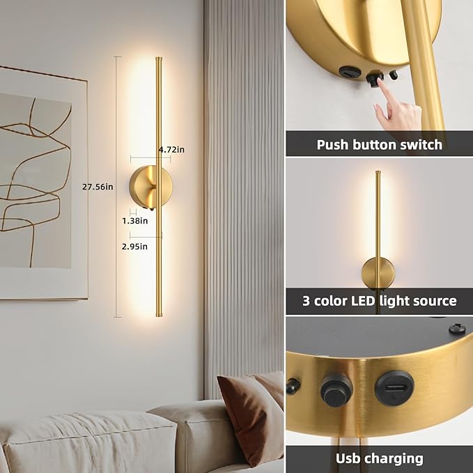 Wall Sconces Battery Operated Set of Two, Gold LED Wireless Wall Sconce with Remote Control 350° Rotate, 27.6 Inch Dimmable USB Rechargeable Wall Lights for Living Room Bedroom Hallway - Bloomnest