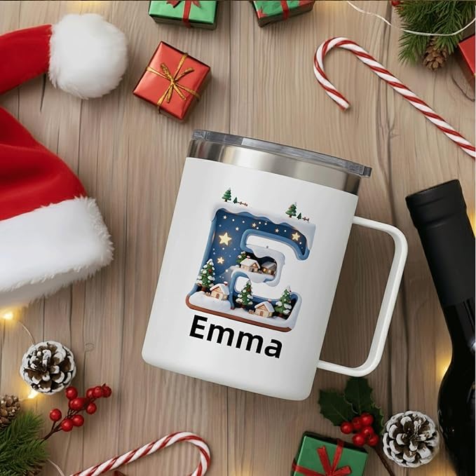 Personalized Christmas Mug with Name, 12oz Insulated Coffee Tumbler with Handle, Custom Magical Winter Village Scene Initial Cup, Holiday Xmas Gift for Women, Her (B09) - Bloomnest