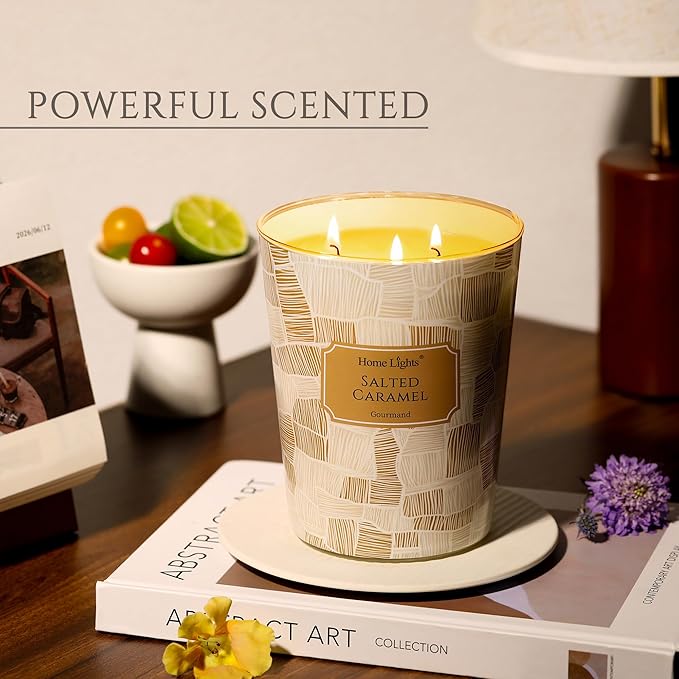 HomeLights Large jar Candle | 3-Wick Long-Lasting Scented Candles, 34oz Natural Soy Wax Candle for Home Scented, Rustic Modern Gifts for Women & Men, Salted Caramel - Bloomnest