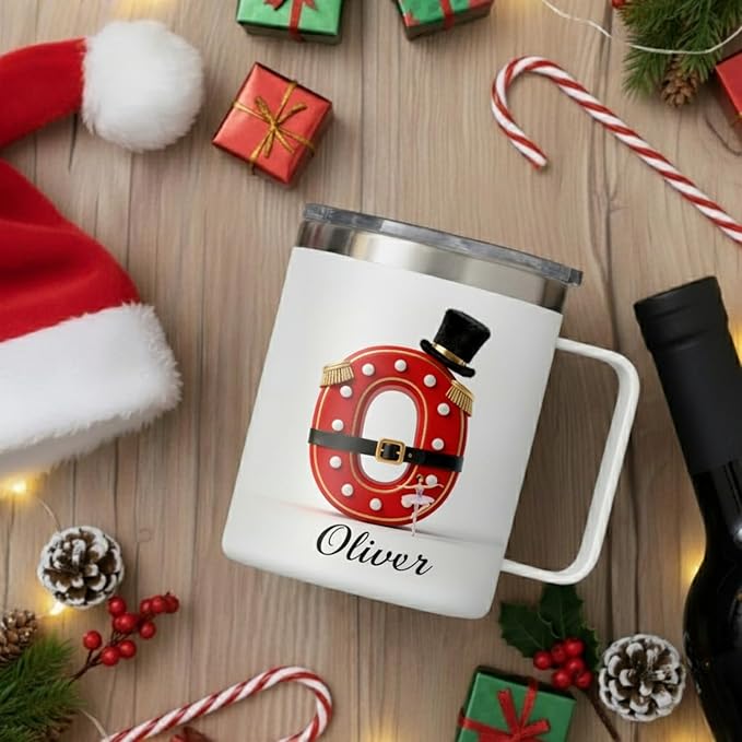 Personalized Nutcracker Ballet Mug with Custom Name & Initial - 14oz Insulated Coffee Tumbler with Handle & Lid - Elegant Christmas Gift for Dancers, Ballerinas, Women & Girls (B65) - Bloomnest