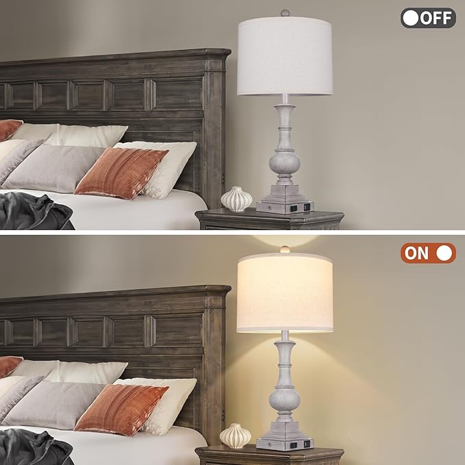 Farmhouse Lamps Set of 2, 26" Vintage Rustic Touch Control Bedside Lamp with USB A+C Ports & AC Outlet, 3-Way Dimmable Boho Nightstand Lamp Washed Resin Linen Fabric Shade for Living Room Bedroom Grey - Bloomnest
