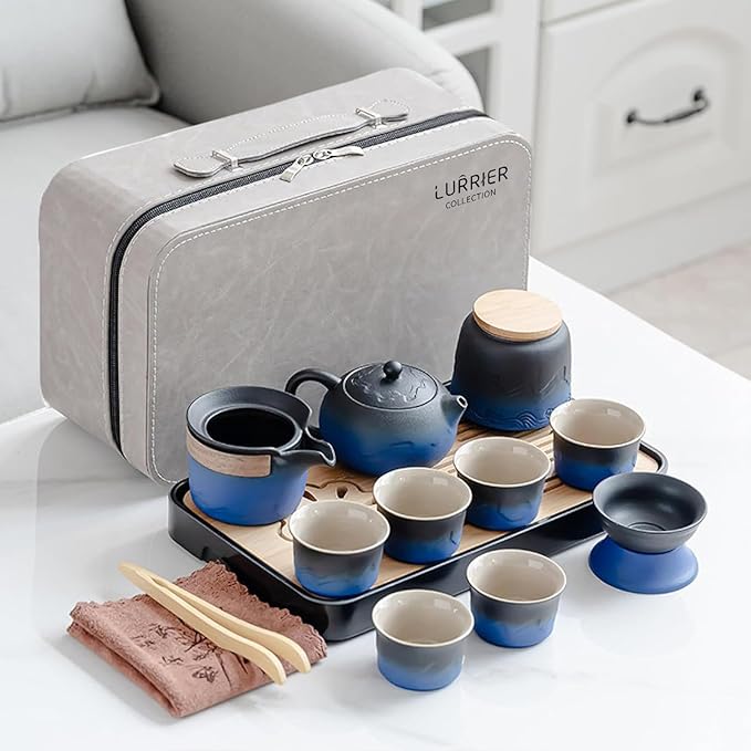 LURRIER Gongfu tea sets, Portable Ceramic TeaSet, Asian Tea sets for adult, Tea Gift sets, Grey leather case, Portable Travel Bag,Home,Gifting,Outdoor and Office(XBlack and Blue) - Bloomnest