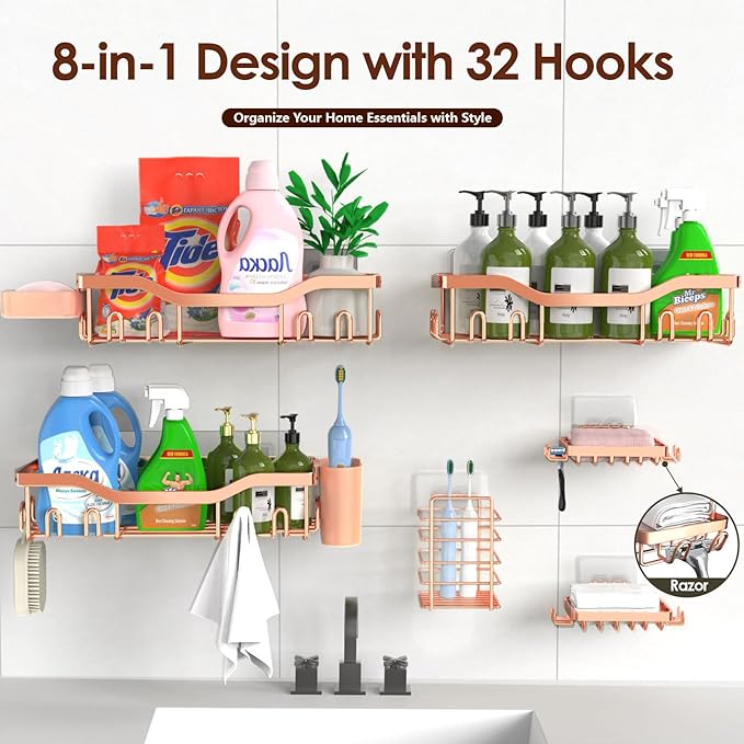 Shower Caddy Adhesive Shower Organizer 8-Pack, Rustproof Stainless Steel Bathroom Shelves, Large Capacity No-Drill Rack Storage Accessories with Soap Dish Toothbrush Holder Hooks - Bloomnest