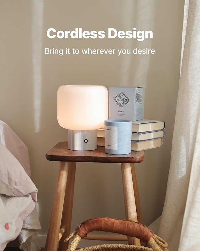 Halo Mushroom Lamp, 5W Cute Cordless Rechargeable Table Lamp with Glass Shade, 3 Color Temps LED Dimmable Ambient Lighting, Small Retro Touch Bedside Light for Bedroom Decor, White - Bloomnest