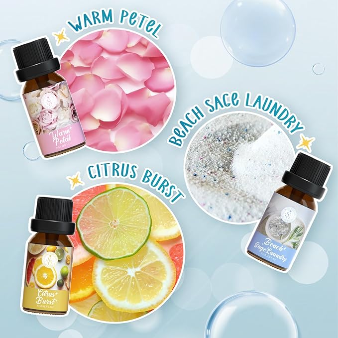 Clean Essential Oils Set, SoulOrigin Fragrance Oil Gift Set for Oil Diffusers, Scented Oils 6x10ml - Beach Sage Laundry Detergent, Citrus Burst, Lavender Fields, Fresh Linen, Warm Petals, Fresh Cotton - Bloomnest