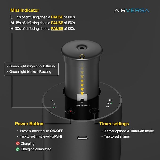 Airversa Waterless Essential Oil Diffuser for Home Aromatherapy Scent Diffusers with 3 Countdown Timer Settings or Timer-Off, 3 Mist Levels for Car Room Studio Office, ANX Premium Metal Spce Grey - Bloomnest