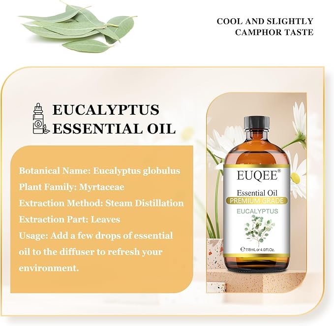 EUQEE Eucalyptus Essential Oil 118ml Pure Eucalyptus Oil with Glass Dropper for Aromatherapy, Diffuser, Soap & Candle Making - 4Fl.Oz - Bloomnest