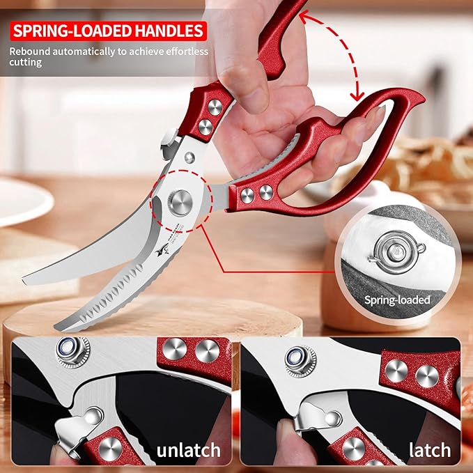 MAD SHARK Professional Heavy Duty Poultry Shears - Kitchen Shears for Spatchcocking Chicken and Meat Cutting, Multi-Purpose Kitchen Scissors for Food, Spring-loaded (Red) - Bloomnest
