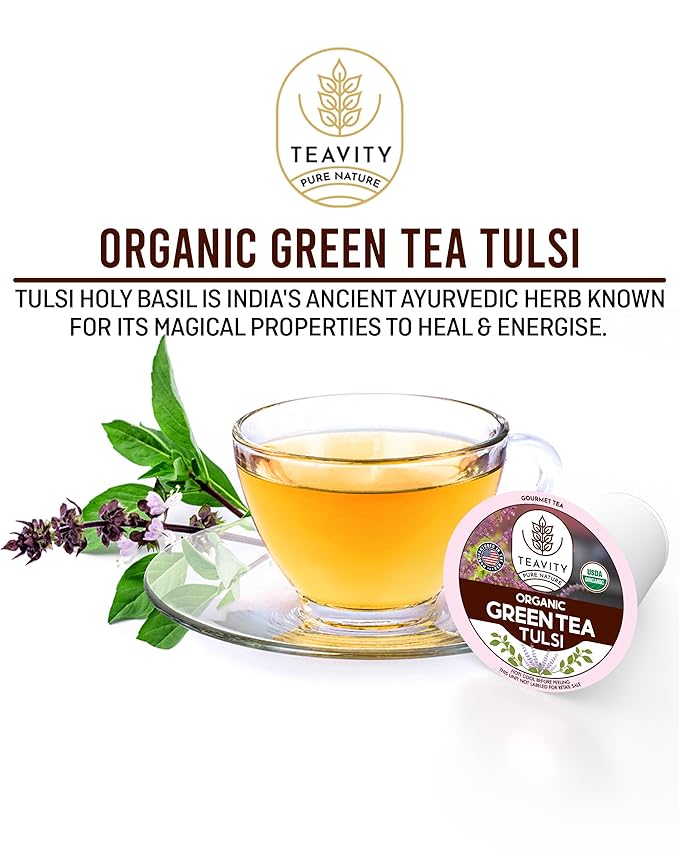 Organic Tulsi Tea Pods with Unsweetened Caffeinated Green Tea Pods for Keurig - Tulsi Green Tea by Teavity (24 Tea Pods) - Bloomnest