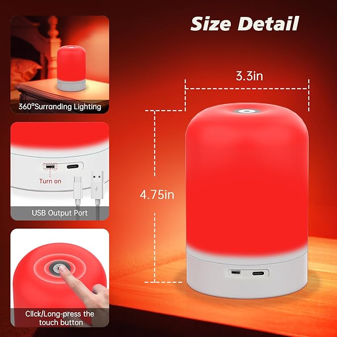 Red Light Therapy Lamp for Sleep & Relaxation – 670nm Bedside Night Light with Touch Control, Dimmable LED Lamp for Bedroom | Cordless, Rechargeable, Portable Design for Travel & Home Use - Bloomnest