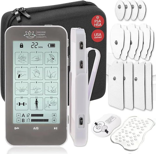 Massage Therapy Concepts TENS Unit Muscle Stimulator for PainRelief - Professional Dual Therapy Machine with 12 Modes and 20 Levels - Complete Accessory Set for Back and Neck Pain MassageTherapyConcepts