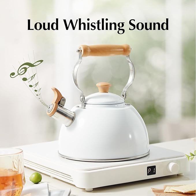 ROCKURWOK Tea Kettle, Tea Pot with Cool Touch Ergonomic Handle, Teapot Food Grade Stainless Steel, Tea Kettle Stovetop, Kettle Teapot, Whistling Tea Kettle, Small Tea Pot, 1.6 Quart (White) - Bloomnest