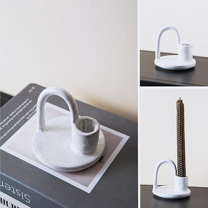 Candle Holder, Ceramic Candle Holder, Christamas Candlestick Holder, for Taper Candles, Vintage Home Decor - White Taper Holder with Handle and Spots - Rustic Style - Bloomnest