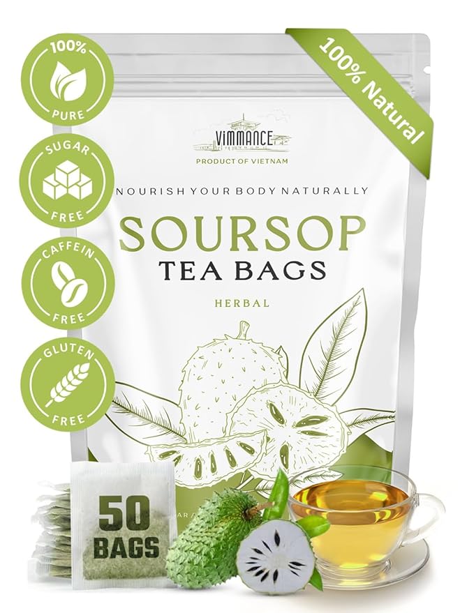 VIMMANCE Soursop Tea Bags, Graviola, Guanabana Tea, Vietnamese Herbal Tea, 100% Natural, Gluten Free, Caffein Free, Sugar Free, Not Bitter but Balance Taste (50 Tea Bags) - Bloomnest