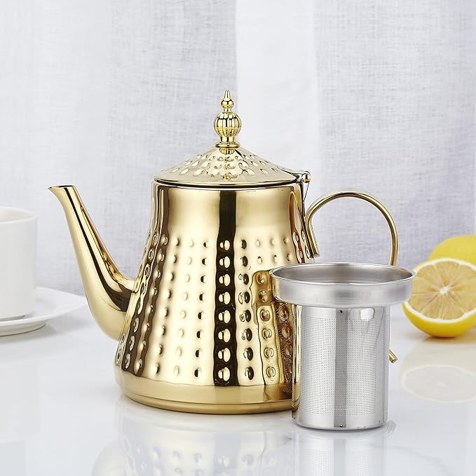 SANQIAHOME 1.2L(40oz) Stainless Steel Hammer Patterned Teapot With Removeable Infuser,Loose leaf cover,Gold - Bloomnest
