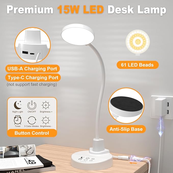 15W LED Desk Lamp with USB Charging Ports – Dimmable Table Lamp with 3 Color Temps, 5 Brightness, 4 Timers, Flexible Gooseneck Light with Base, Eye-Caring Reading Light for Home Office, Bedroom, Study - Bloomnest