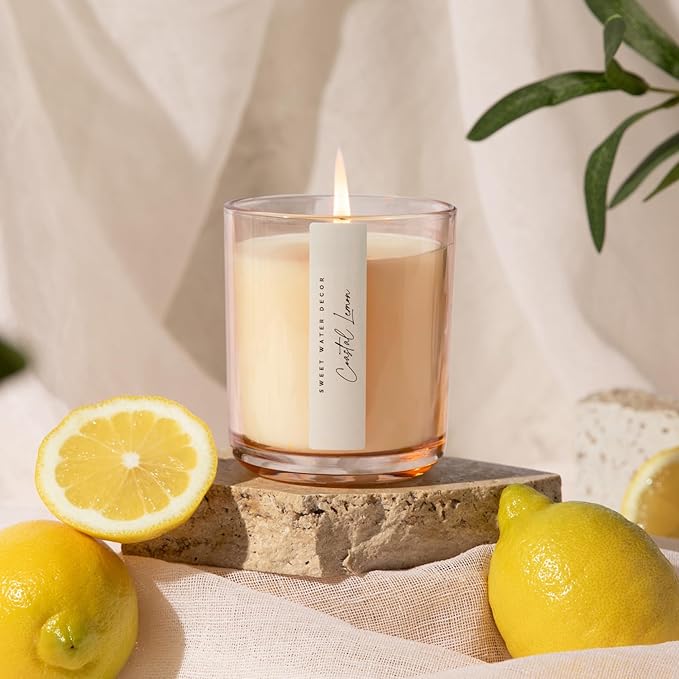 Sweet Water Decor Coastal Lemon Scented Candles – Soy Candles with Lemon, Sea Salt, Jasmine & Driftwood – Summer Cozy Aroma – 50 Hour Burn – 12oz Tinted Glass Jar for Home Decor and Bedroom Décor - Bloomnest