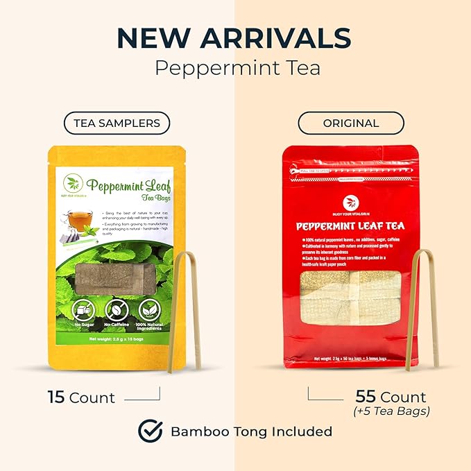 Peppermint Tea Bags - 15 Count, Mini Tea Samplers, Bamboo Tong Included, Re-Steep Herbal Tea, Cool Fresh Breath, Warm Heat, Stomach Relief, Relax, Support - Bloomnest