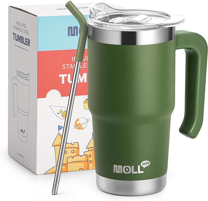 16 oz Tumbler with Handle Reusable Stainless Steel Vacuum Insulated Tumbler Cups with Lid and Straw Travel Coffee Mug for Women(Grass Green) - Bloomnest