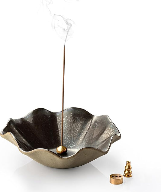 4 in 1 Incense Burner 6 Inch Inscents-Sticks Holder, Lotus Incense Holder for Sticks, Insence Burner with 3 Incense Sockets for Meditation, Yoga, Home Decor, Black and Brown