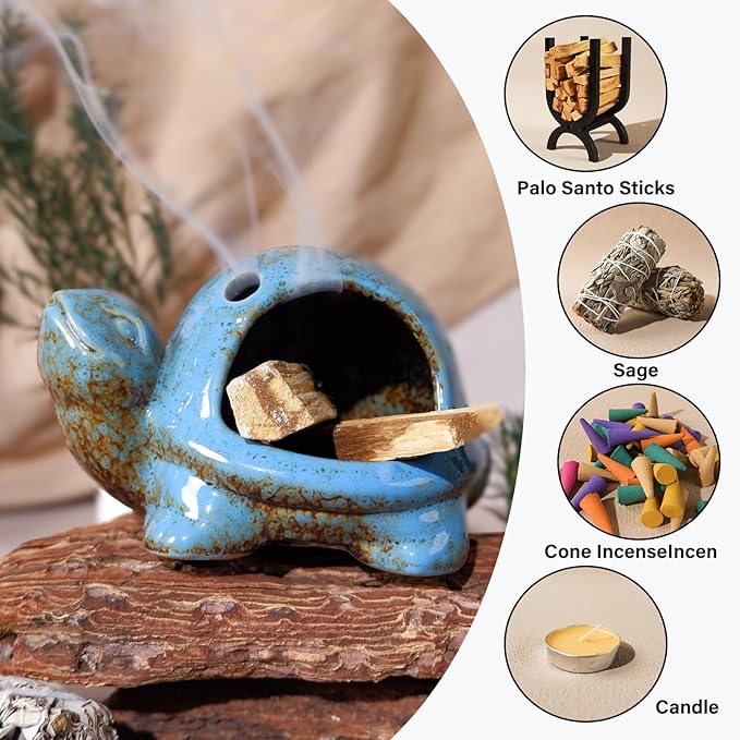 Blue Ceramic Turtle Palo Santo Burner - Mini Chiminea, Burns Palo Santo、Sage、Incense Cones, Doubles as Small Candle Holder for Energy Cleansing、Yoga、Meditation、Zen、Altar Aromatherapy MOUGIGI