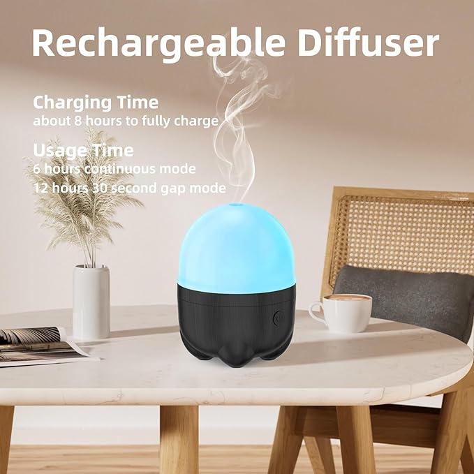 150ML Cordless Battery Operated Essential Oil Diffuser, Portable Rechargeable Diffuser with 7 LED Color ChangingLights （Dark Wood） - Bloomnest
