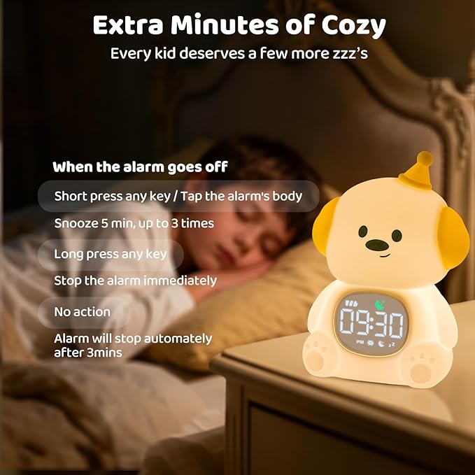 Dog Alarm Clock with Night Light for Kids with Sleep Training and Sound Machine, Rechargeable Silicone Lamp OK to Wake Clock，Cute Animal Tabletop Lamp, Perfect Sleep Companion for Boys Girls - Bloomnest