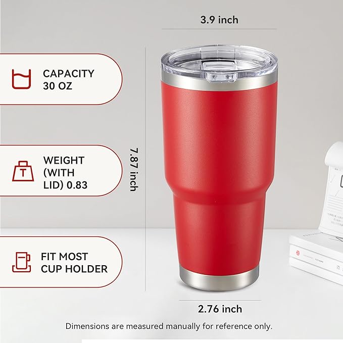 30 oz Tumbler with Lid Stainless Steel Tumblers Vacuum Insulated Cup Reusable Powder Coated Travel Mug Double Wall Leak Proof Portable Cups Keep Cold Drinks for 12 Hours, Wine Red, 1 Pack - Bloomnest